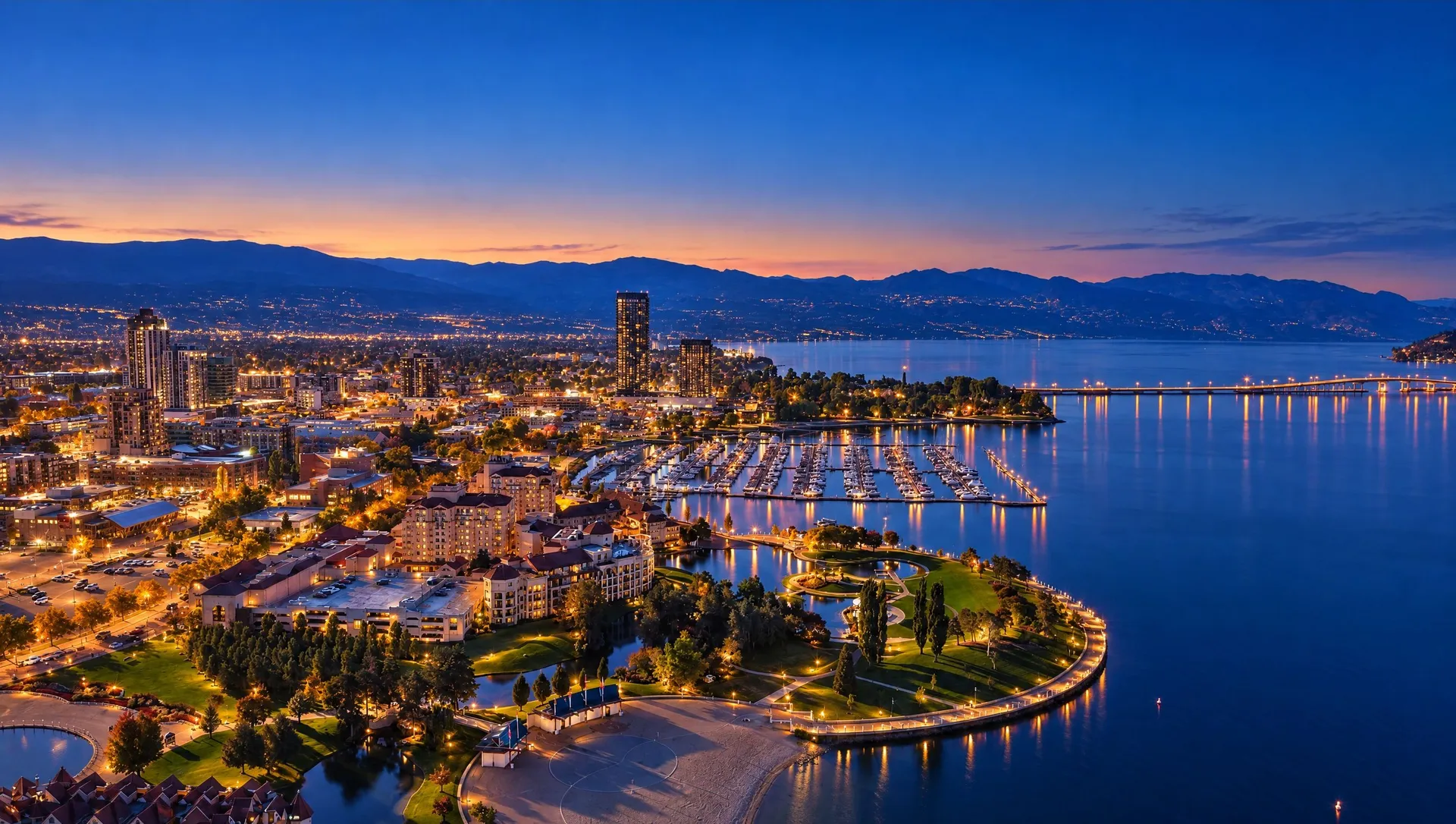 Aerial view of downtown Kelowna and the waterfront on Okanagan Lake