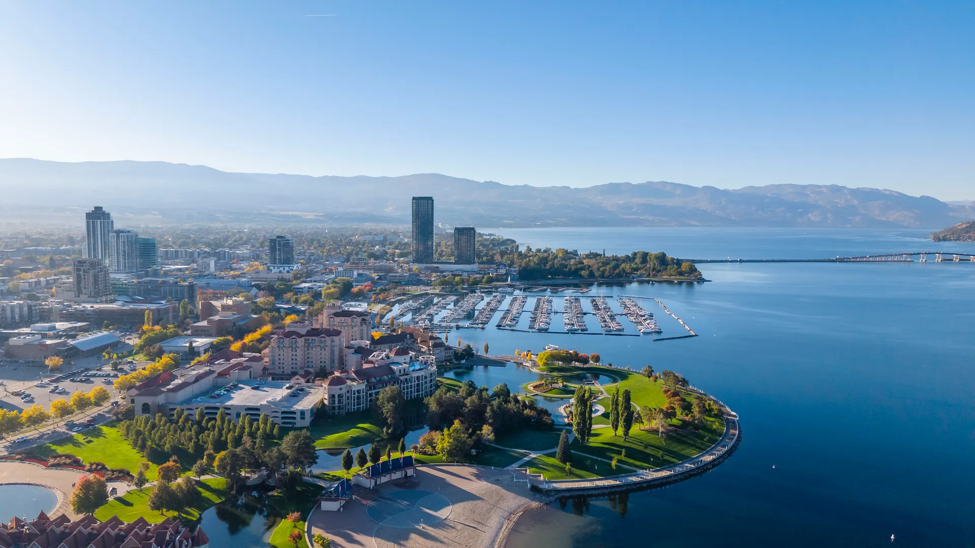 Aerial view of downtown Kelowna and Okanagan Lake