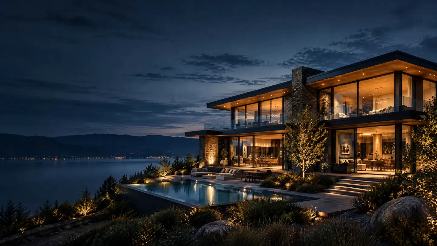 Lakefront home at night with a pool and fire table, a slow drone move toward the patio