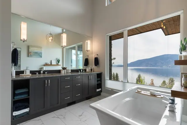 Ensuite lake view, luxury lake-view home in Lakestone, Lake Country, BC. Real estate photography by Pixel Pro Productions.