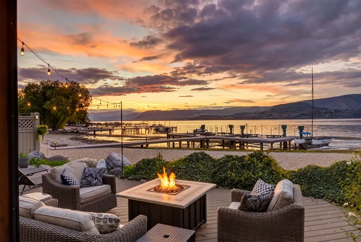 Lakefront fire pit sunset, lakefront home renovation in Lower Mission, Kelowna, BC. Real estate photography by Pixel Pro Productions.