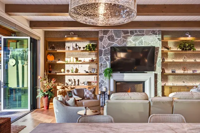 Living room built ins, lakefront home renovation in Lower Mission, Kelowna, BC. Real estate photography by Pixel Pro Productions.