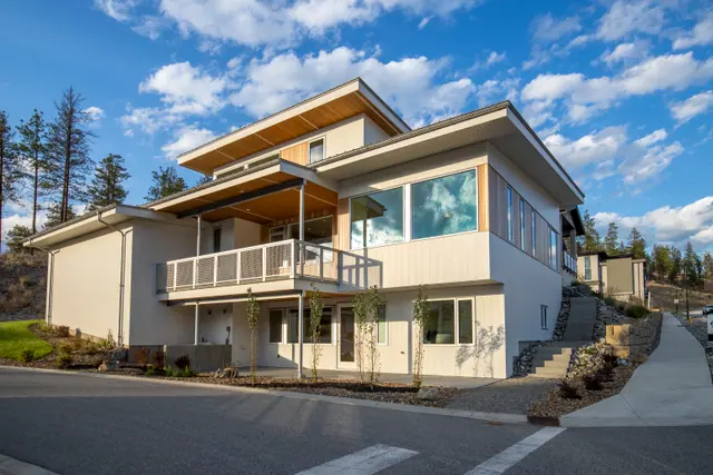 Exterior, modern new build in McKinley Beach, Kelowna, BC. Real estate photography by Pixel Pro Productions.