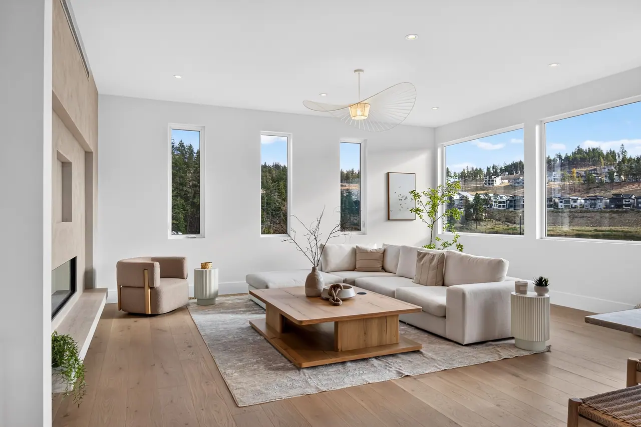 Living room, modern new build in McKinley Beach, Kelowna, BC. Real estate photography by Pixel Pro Productions.