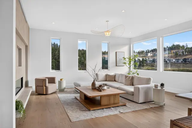 Living room, modern new build in McKinley Beach, Kelowna, BC. Real estate photography by Pixel Pro Productions.