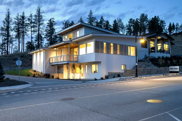 Twilight exterior 2, modern new build in McKinley Beach, Kelowna, BC. Real estate photography by Pixel Pro Productions.