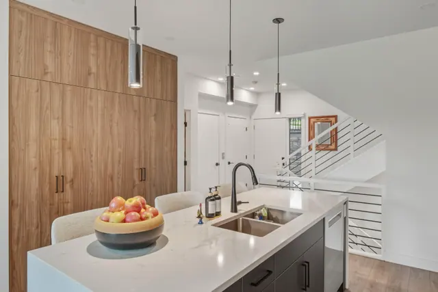 Kitchen island, modern townhome in Shannon Lake, West Kelowna, BC. Real estate photography by Pixel Pro Productions.