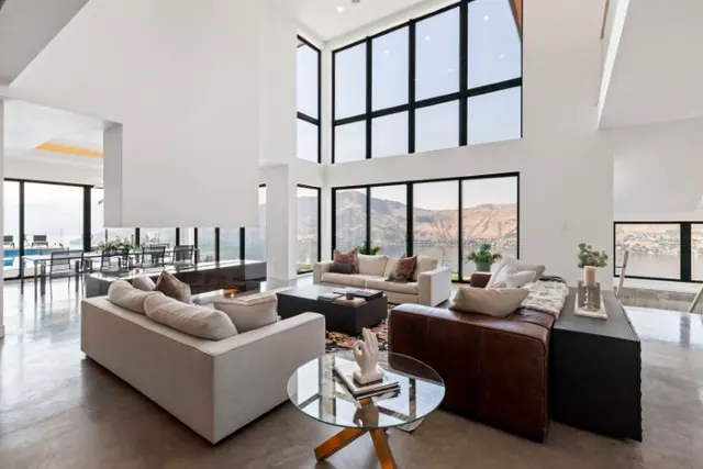 Great room, luxury hillside estate in Vernon, BC. Real estate photography by Pixel Pro Productions.