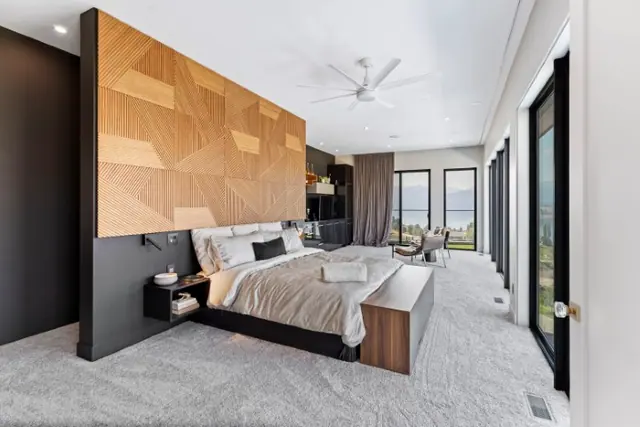 Primary bedroom, luxury hillside estate in Vernon, BC. Real estate photography by Pixel Pro Productions.