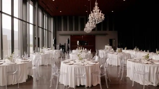 Reception hall: Emily & Connor's wedding at 50th Parallel Estate, Lake Country. Still from the Pixel Pro wedding film.