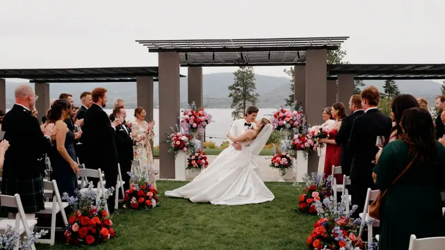 Ceremony exit: Catherine & Matt's wedding at CedarCreek Estate Winery, Kelowna. Still from the Pixel Pro wedding film.