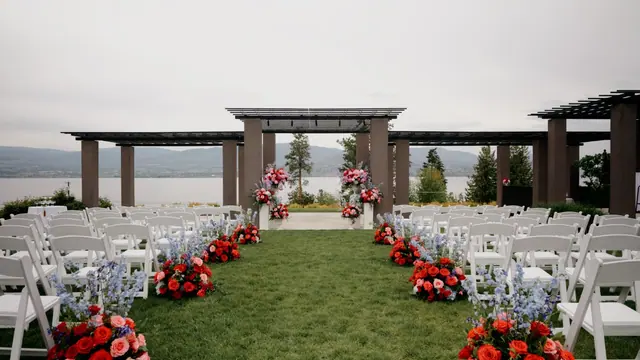 Ceremony setup: Catherine & Matt's wedding at CedarCreek Estate Winery, Kelowna. Still from the Pixel Pro wedding film.