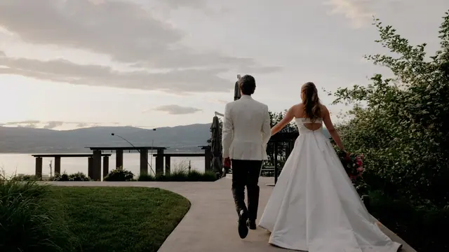 Evening walk to the lake: Catherine & Matt's wedding at Chateau Okanagan, Kelowna. Still from the Pixel Pro wedding film.
