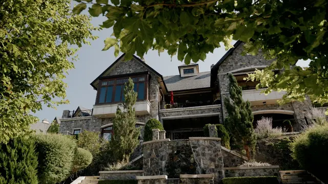 Chateau exterior: Kiana & Nick's wedding at Chateau Okanagan, Kelowna. Still from the Pixel Pro wedding film.