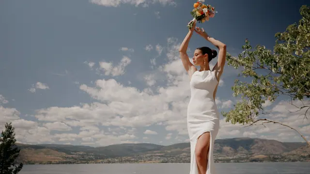 Bouquet toss: Bronte & Brett's wedding at Manteo Resort, Kelowna. Still from the Pixel Pro wedding film.