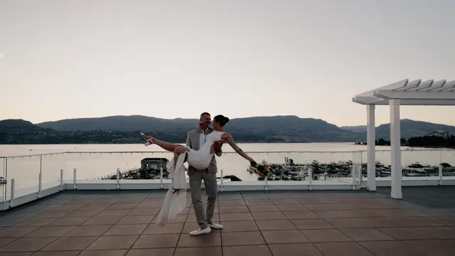 Twilight lift: Bronte & Brett's wedding at Manteo Resort, Kelowna. Still from the Pixel Pro wedding film.