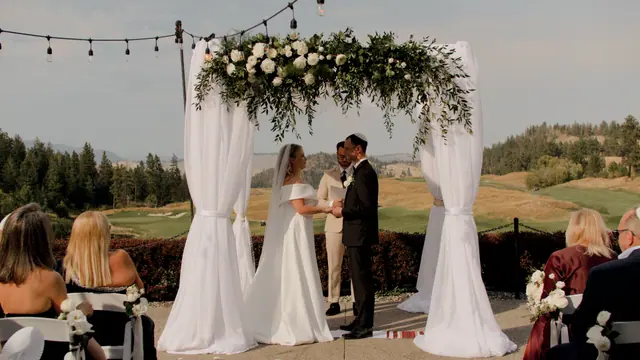Ceremony arch: Nadia & Dean's wedding at Predator Ridge, Vernon. Still from the Pixel Pro wedding film.