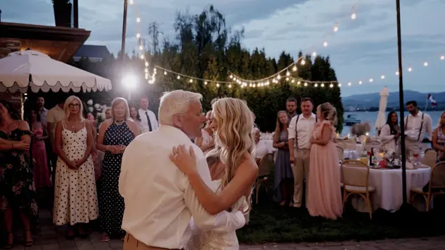First dance under lights: Stephanie & Julian's wedding at Sanctuary Gardens, West Kelowna. Still from the Pixel Pro wedding film.