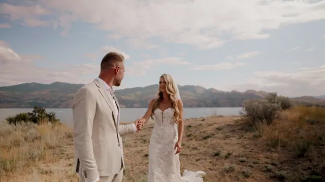 Lake view portrait: Stephanie & Julian's wedding at Sanctuary Gardens, West Kelowna. Still from the Pixel Pro wedding film.