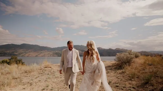Lakeside walk: Stephanie & Julian's wedding at Sanctuary Gardens, West Kelowna. Still from the Pixel Pro wedding film.
