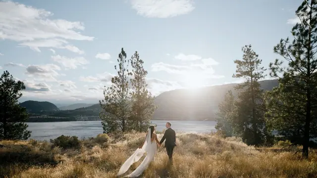 Golden hour walk: Shivaun & Gage's wedding at Summerhill Pyramid Winery, Kelowna. Still from the Pixel Pro wedding film.
