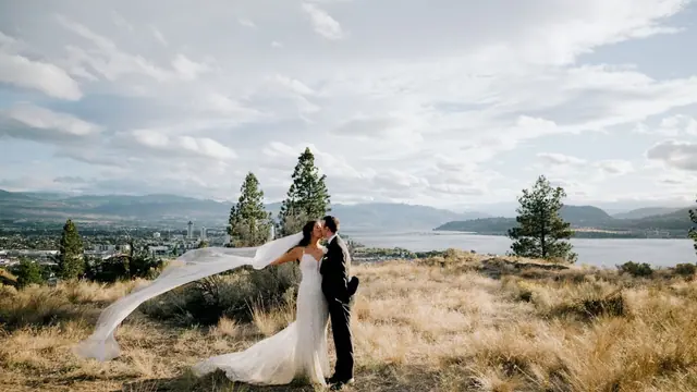Lake view veil: Shivaun & Gage's wedding at Summerhill Pyramid Winery, Kelowna. Still from the Pixel Pro wedding film.