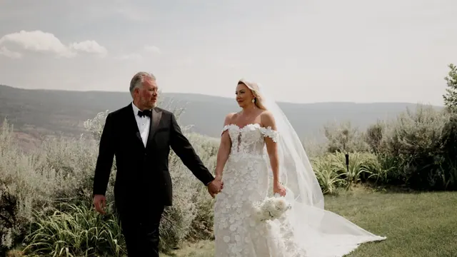 Lawn portrait: Laurie & Brad's wedding at Vows and Vines, Summerland. Still from the Pixel Pro wedding film.