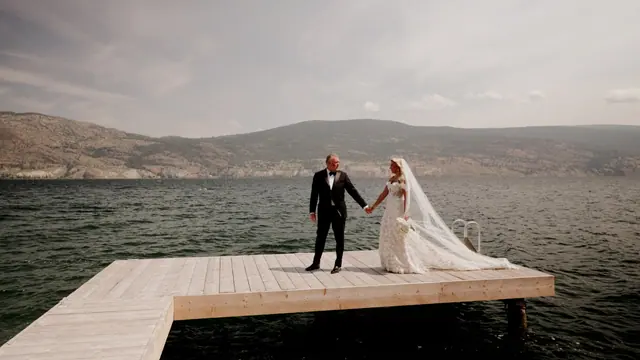 Private dock: Laurie & Brad's wedding at Vows and Vines, Summerland. Still from the Pixel Pro wedding film.