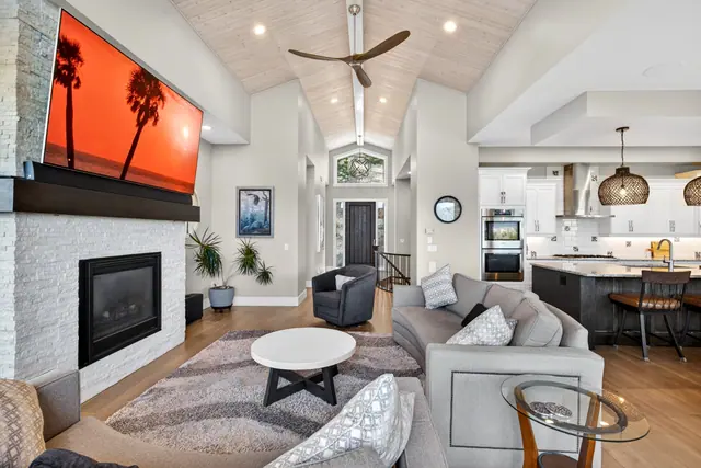 Great room, lake-view family home in West Kelowna, BC. Real estate photography by Pixel Pro Productions.