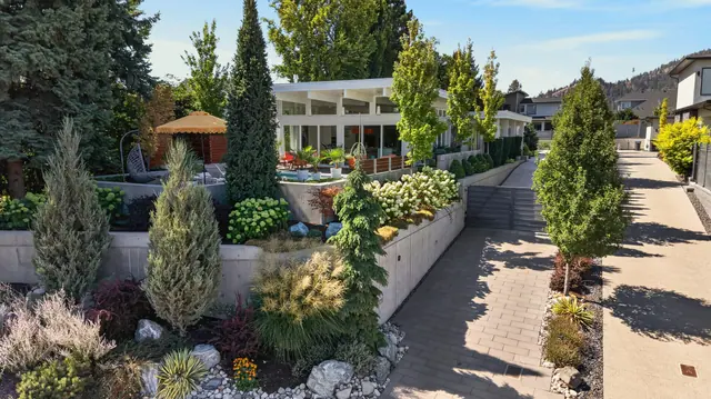 Front garden, mid-century modern home in West Kelowna, BC. Real estate photography by Pixel Pro Productions.