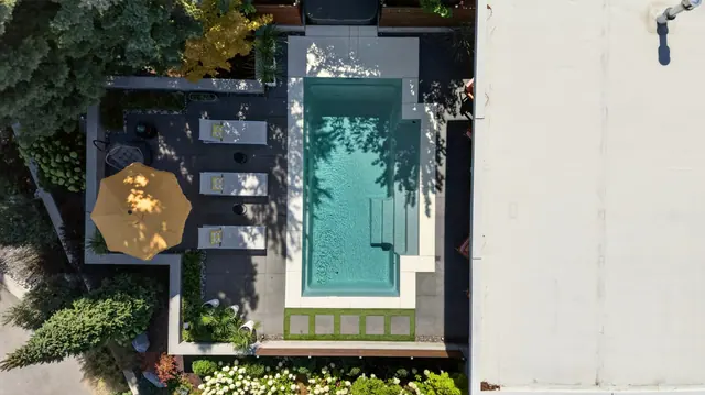 Pool from above, mid-century modern home in West Kelowna, BC. Real estate photography by Pixel Pro Productions.