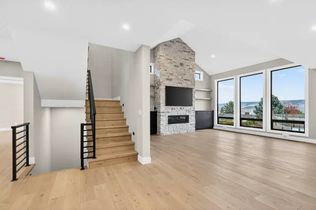 Great room, new-build lake-view home in West Kelowna, BC. Real estate photography by Pixel Pro Productions.
