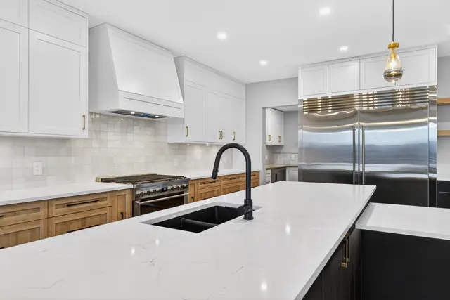 Kitchen island, new-build lake-view home in West Kelowna, BC. Real estate photography by Pixel Pro Productions.
